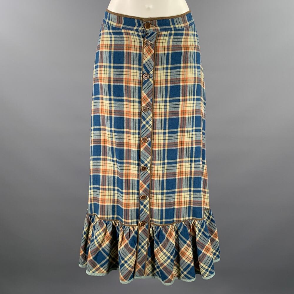 RRL by RALPH LAUREN Size 2 Blue Orange Linen Cotton Plaid Maxi Skirt